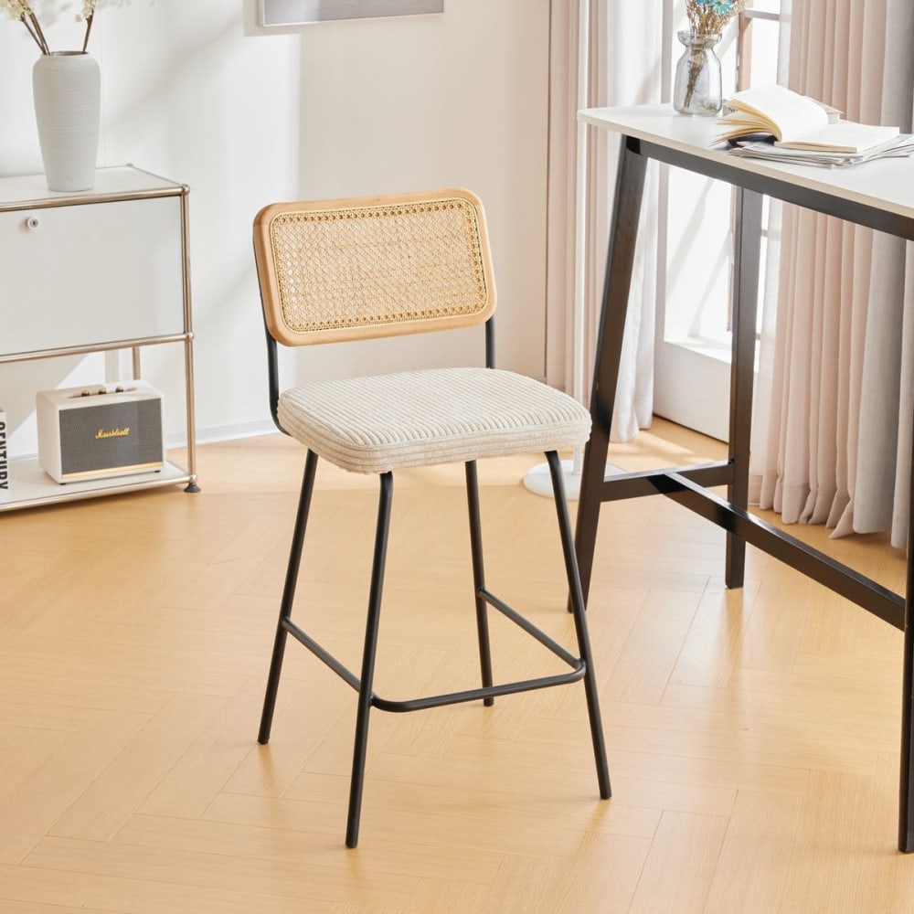 Lot de 2 chaises de bar noires en cannage et velours côtelé beige - Maisons du Monde