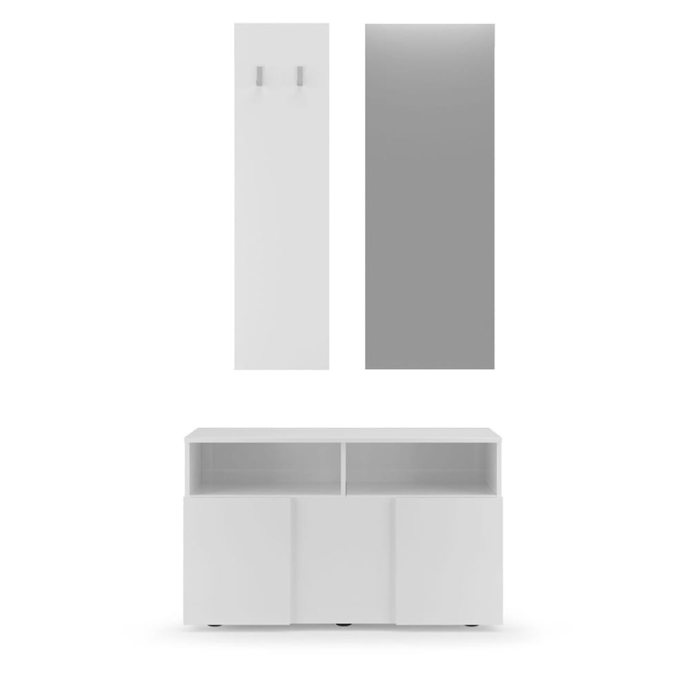 Set 3 pièces, petit meuble, porte-manteaux et miroir - Blanc et Gris