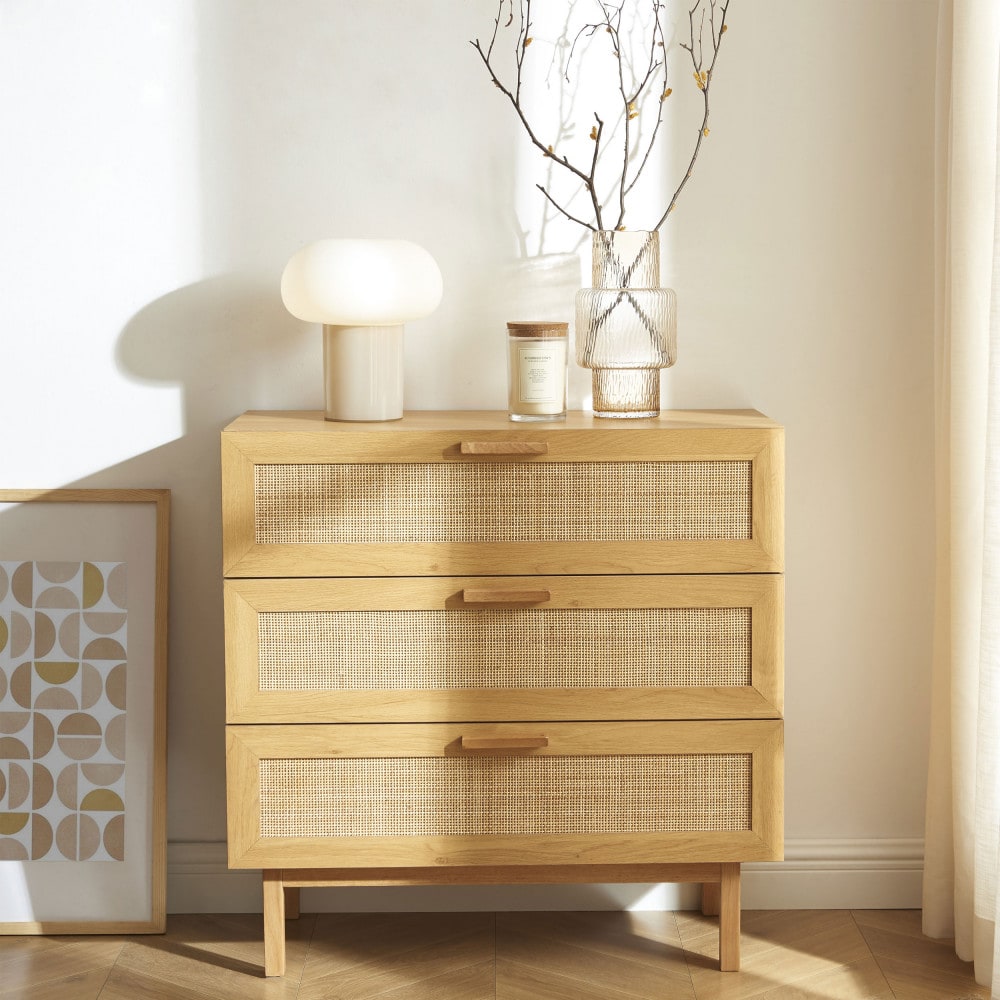 Commode 3 tiroirs en bois et cannage L85cm - Bois clair