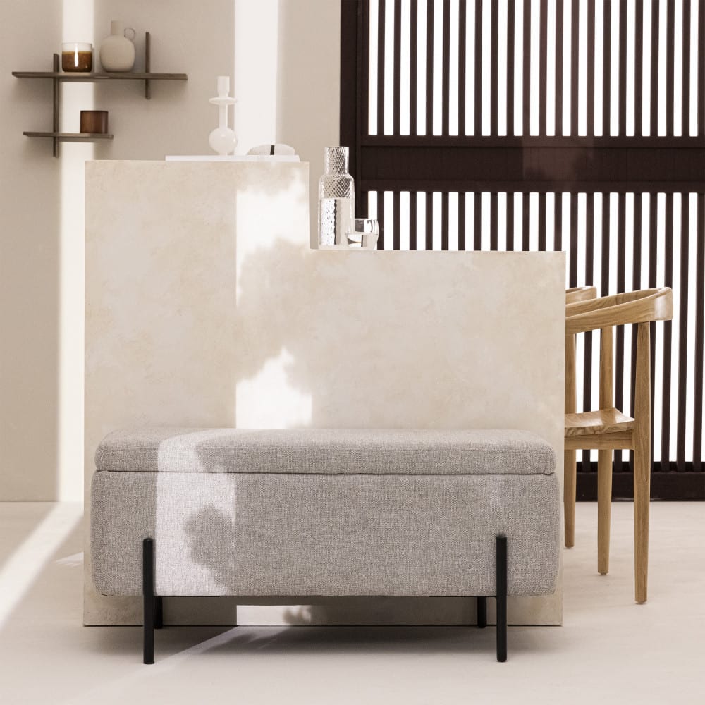Banc coffre en tissu et métal L100cm - Gris clair
