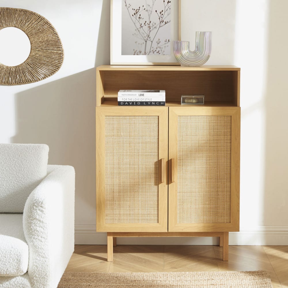 Meuble à chaussures 2 portes niche en bois cannage L80cm - Bois clair