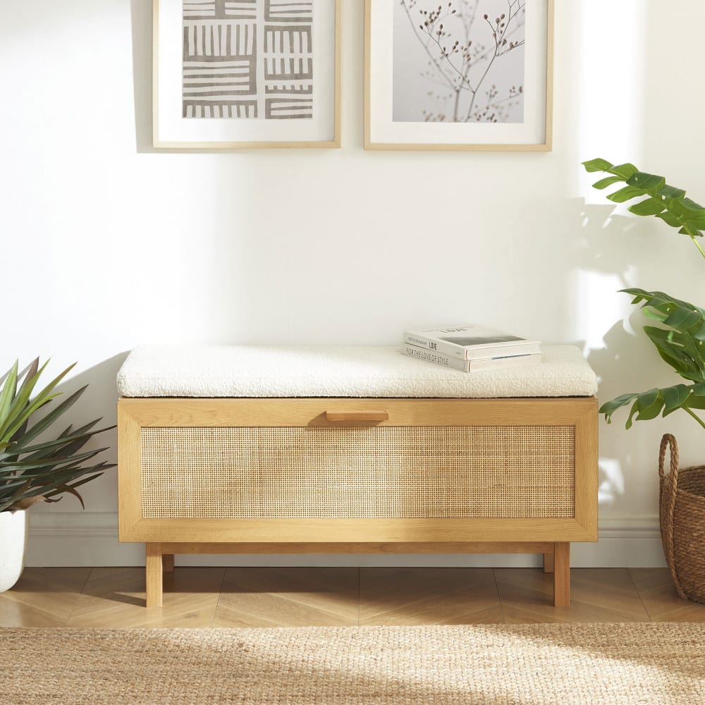 Banc d'entrée en bois et cannage L100cm - Bois clair