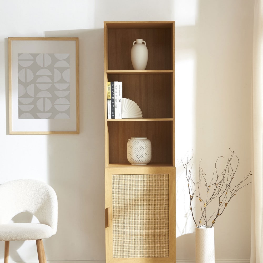 Colonne de rangement en bois et cannage H190cm - Bois clair