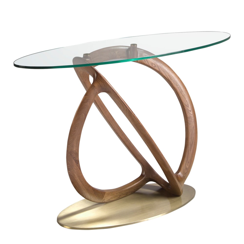 Console ovale verre trempé, noyer et acier poli doré Console ovale verre trempé, noyer et acier poli doré