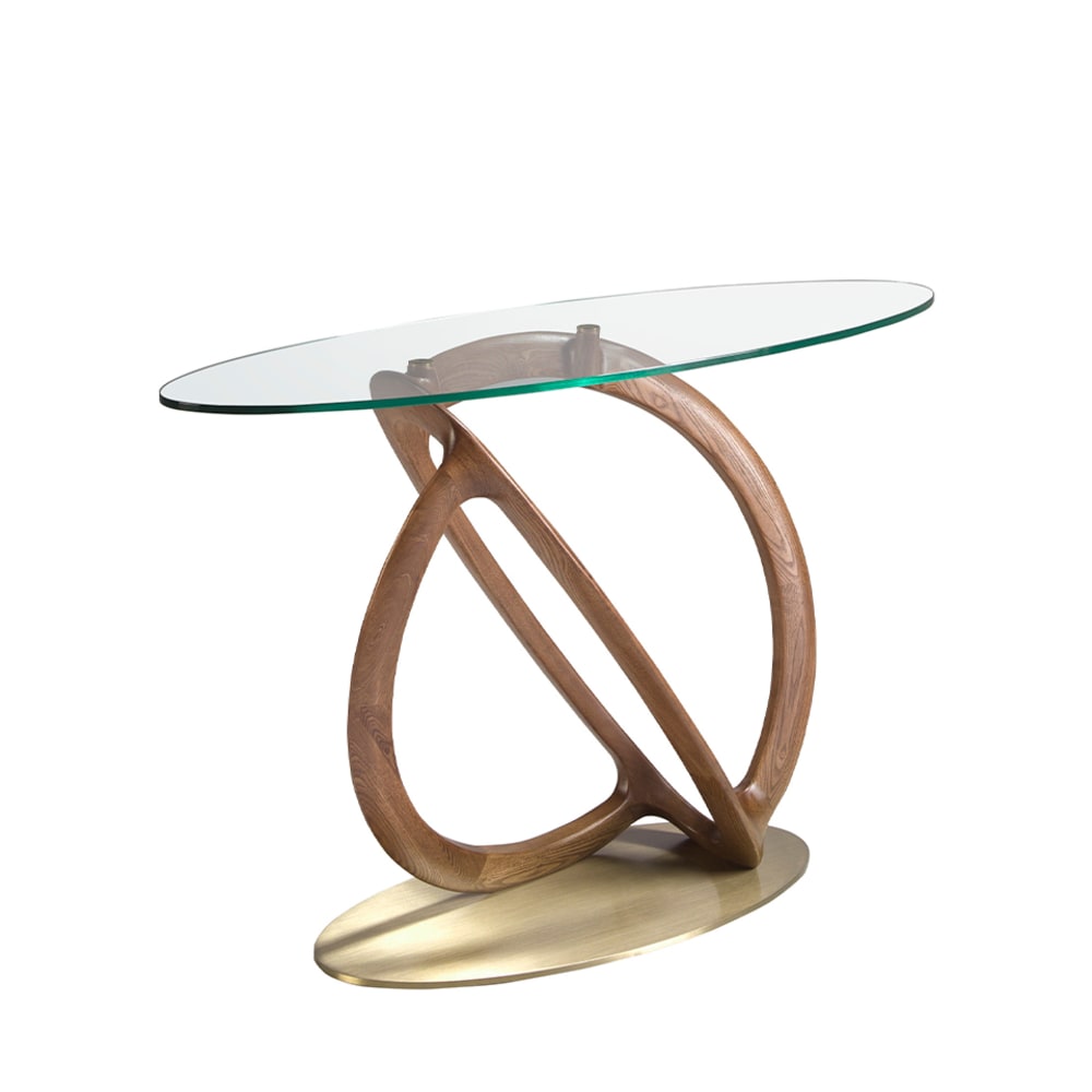 Angel Cerda Oval Konsole oval gehärtetem Glas, Nussbaum und golden poliertem Stahl style modern - Glas