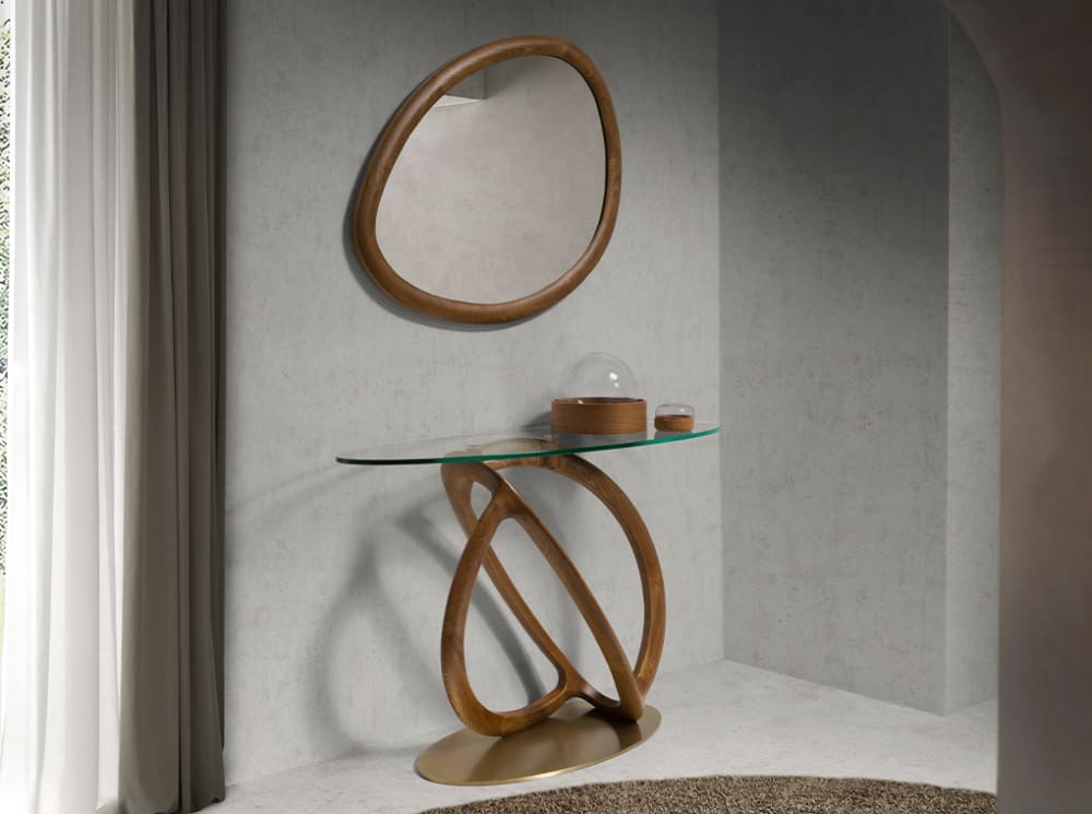 Table console ovale en verre trempé, noyer et or - Maisons du Monde
