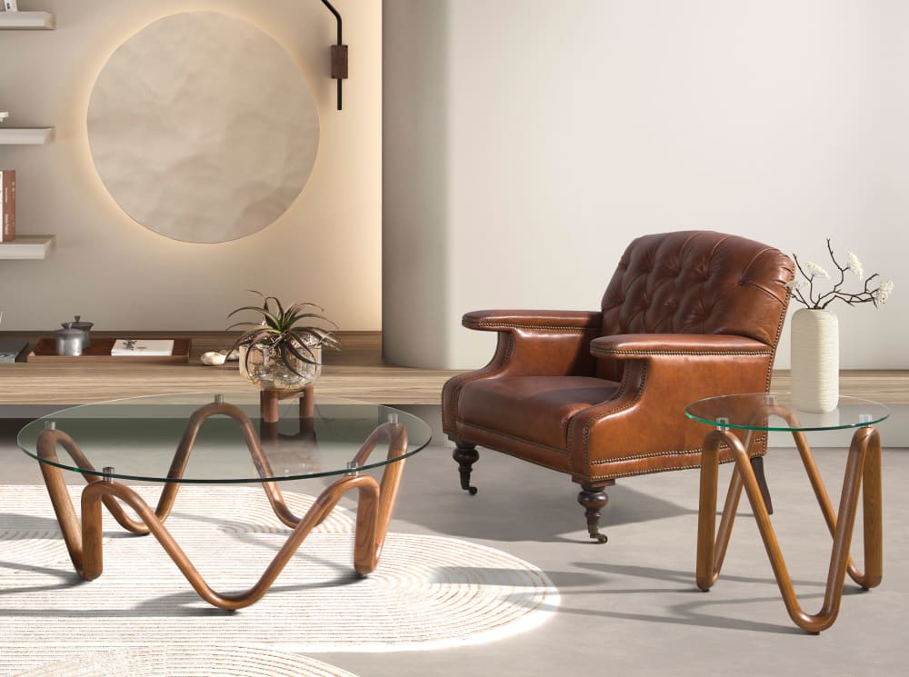 Table d'angle ronde en verre trempé et noyer - Maisons du Monde