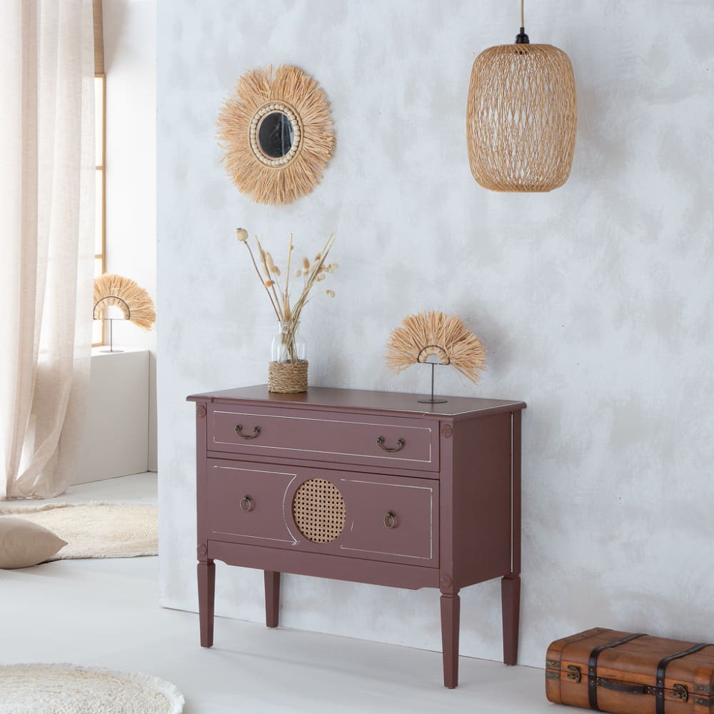 Commode en bois et rotin avec deux tiroirs marron, 88x38x72h cm