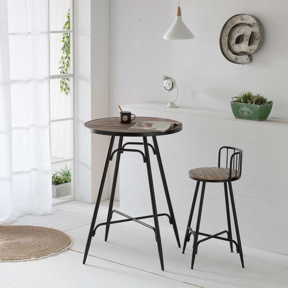 Tabouret avec dossier métal et bois noir 41x41x88