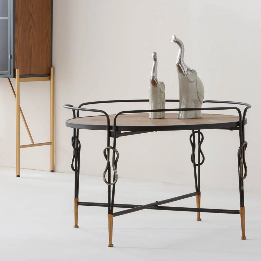 mesa de centro de madera y metal negra 78x78x53