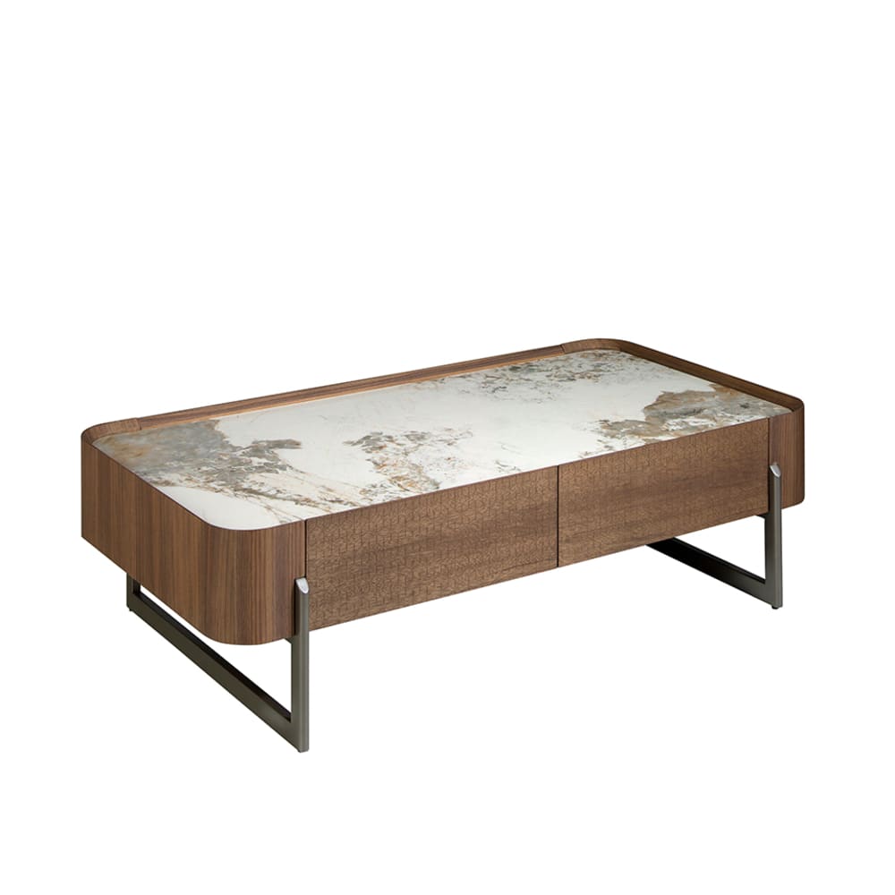 Table basse rectangulaire en marbre de porcelaine, noyer et acier