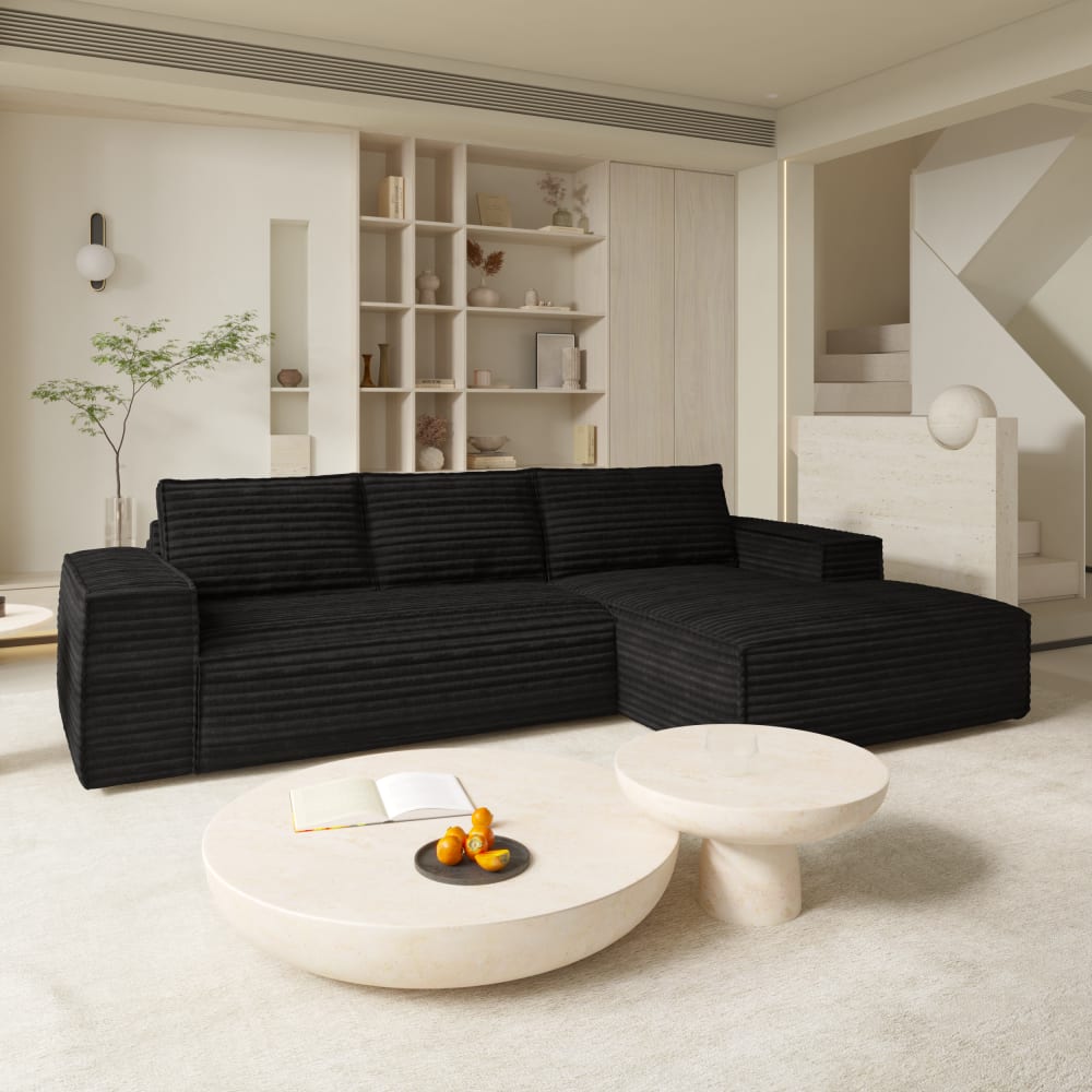Canapé convertible angle droit velours côtelé XXL noir 140cm