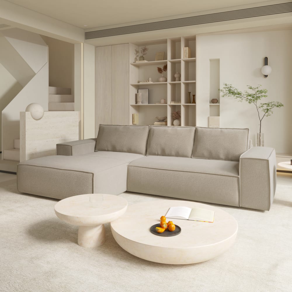 Canapé convertible angle gauche 5 places en velours beige - Maisons du Monde