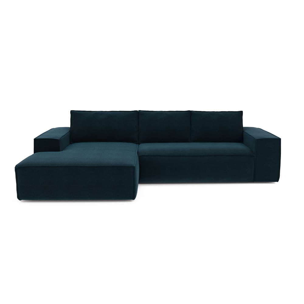 Canapé convertible angle gauche dunlopillo velours bleu paon 140cm