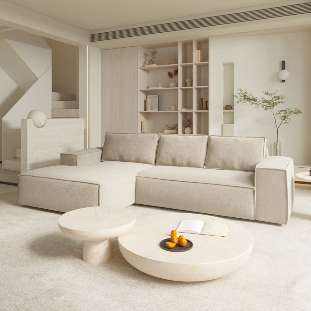 Canapé convertible angle gauche 5 places en velours crème - Maisons du Monde
