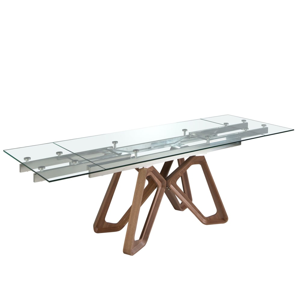 Table à manger à rallonge rectangulaire verre trempé et noyer Table à manger à rallonge rectangulaire verre trempé et noyer
