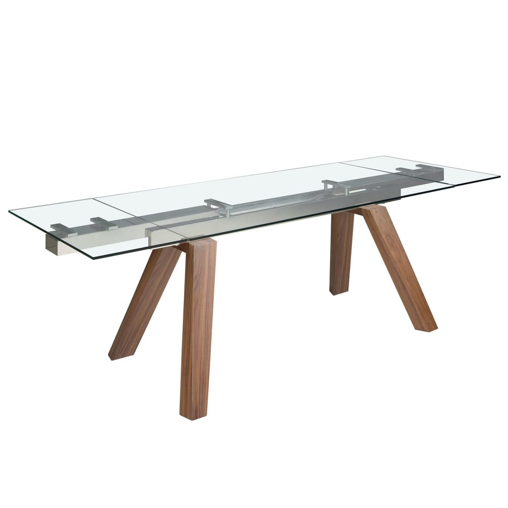 Table à manger à rallonge rectangulaire verre trempé et noyer