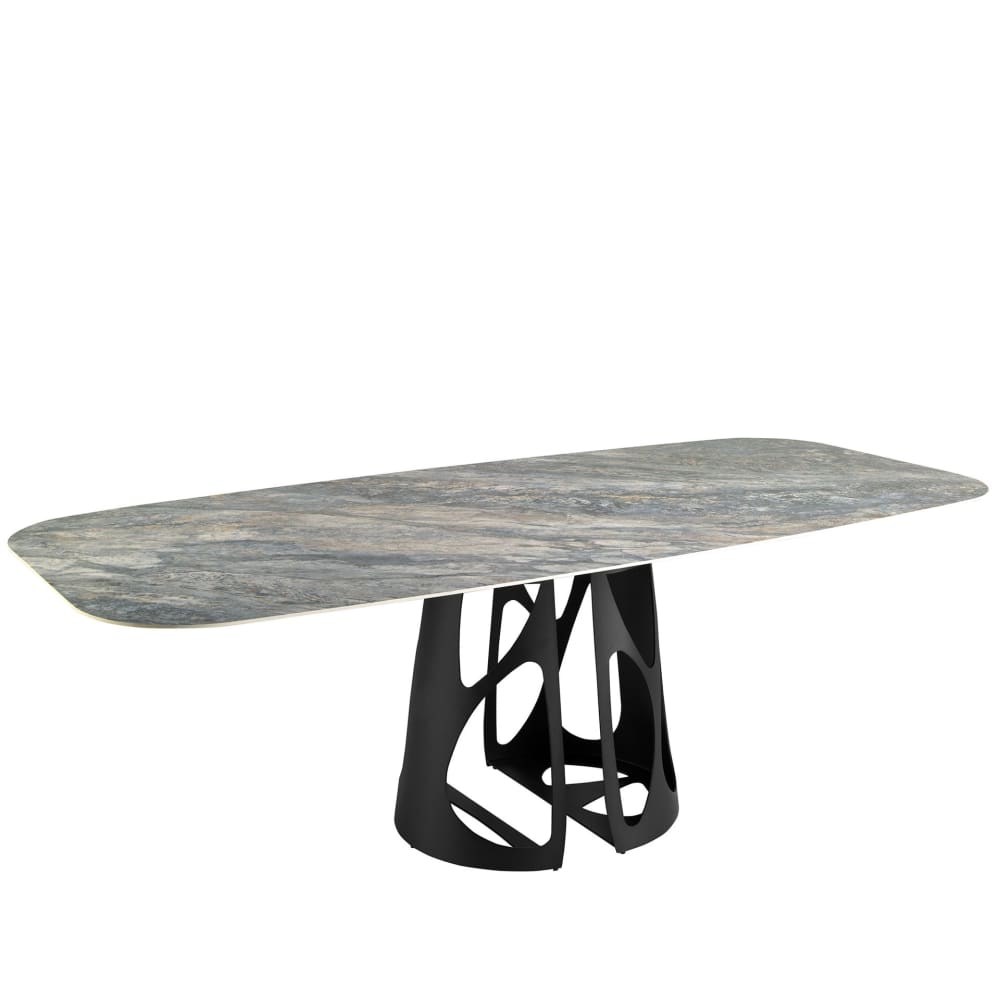 Table à manger baril ovale marbre porcelaine et acier noir