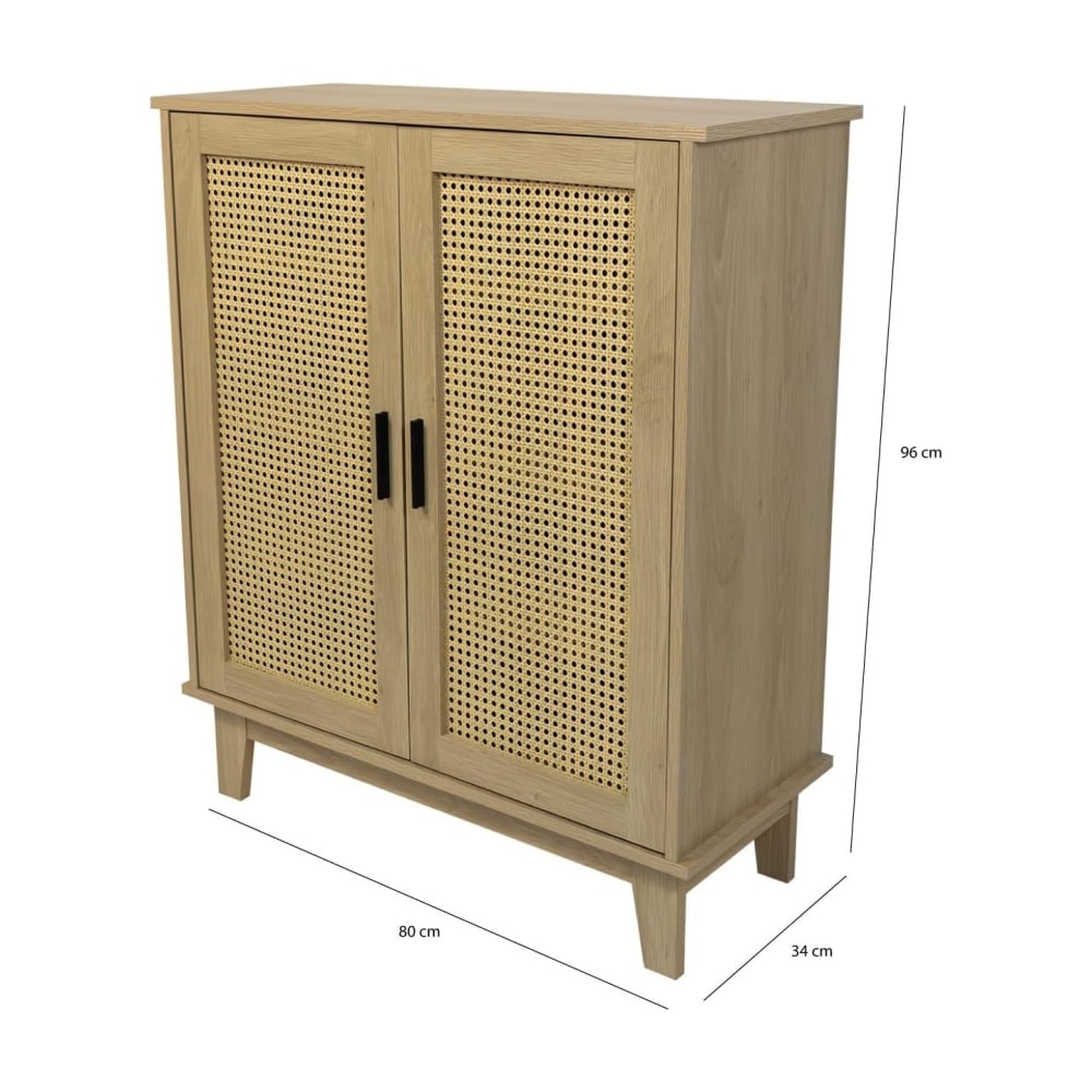 Kommode 2 Türen, 3 Böden, Rattan, Naturholz, Anrichte, 80 x 34 x