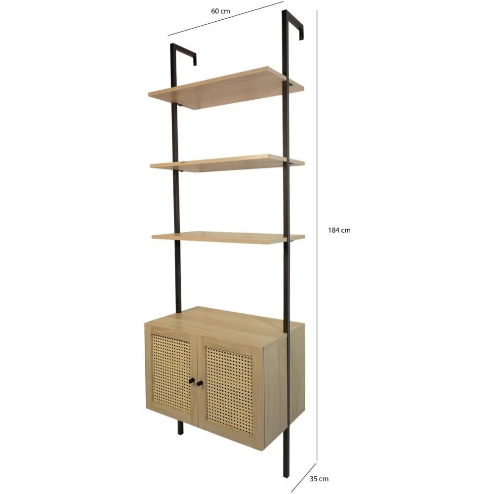 Étagère murale 2 portes cannage métal noir et bois 60 x 35 x 184 cm