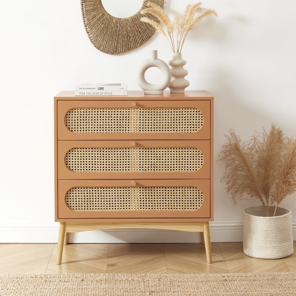 Commode  terracotta et cannage rotin 3 tiroirs