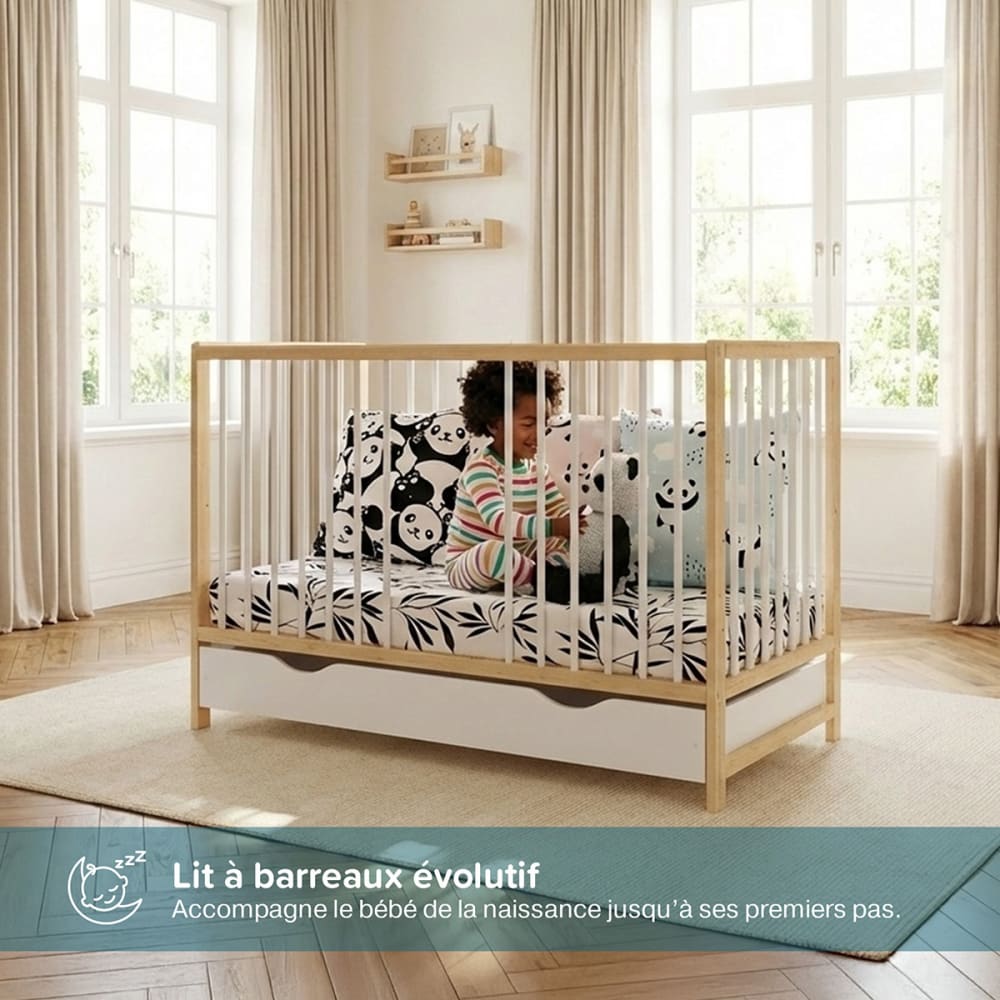 Lit bébé évolutif avec tiroir   (matelas non inclus) 60x120 cm