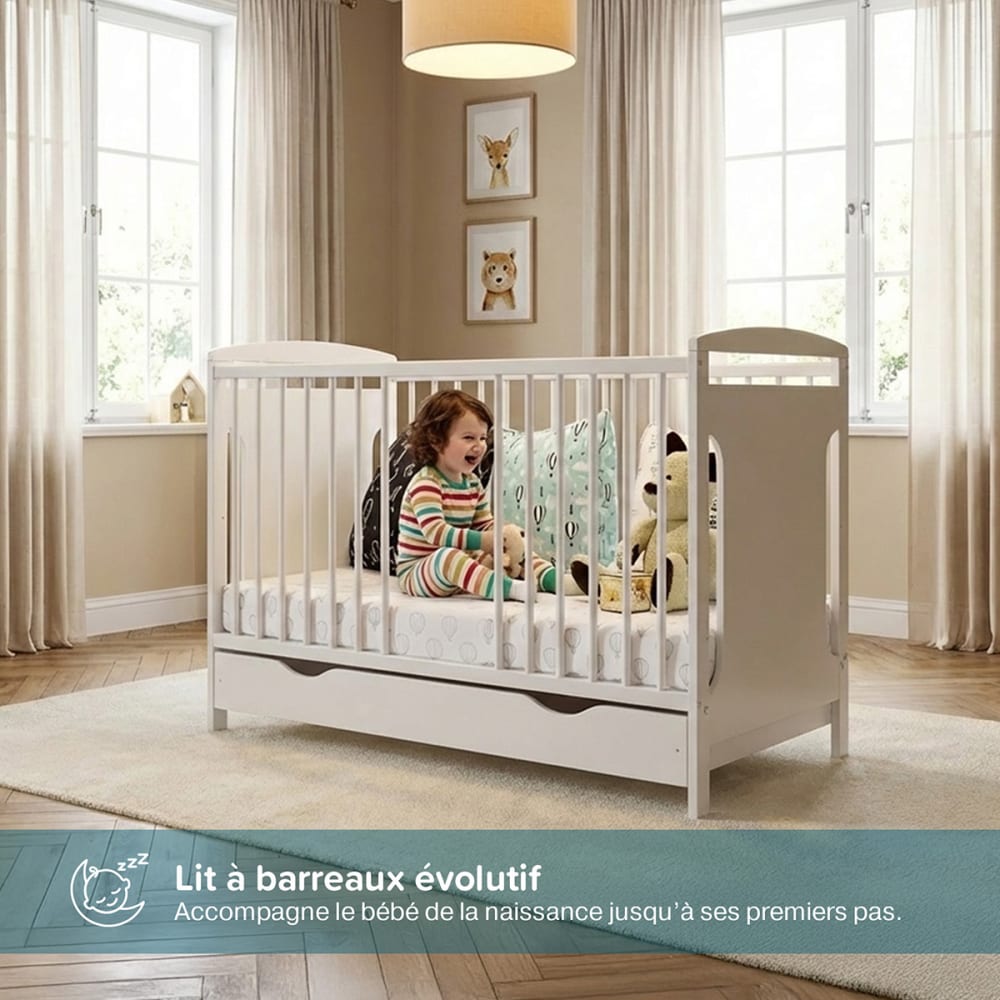 Lit bébé évolutif avec tiroir   (matelas non inclus) 60x120 cm
