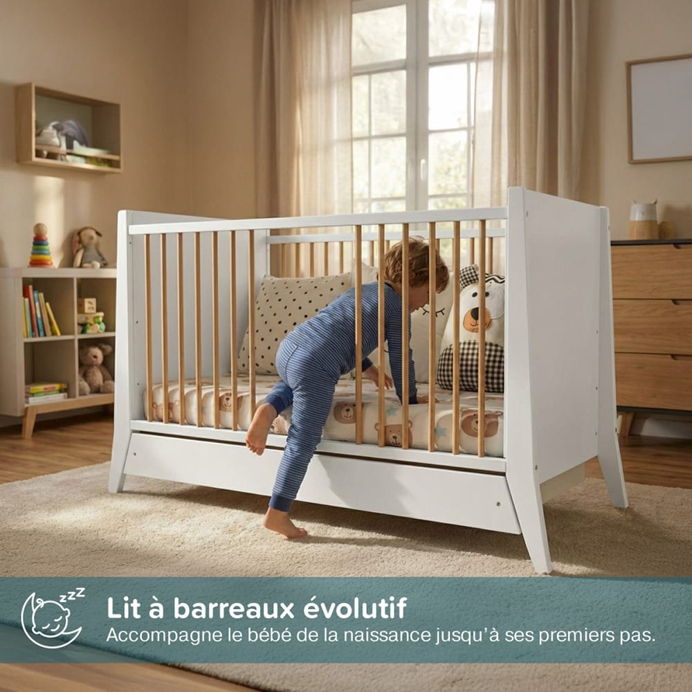 Lit bébé évolutif avec tiroir   (matelas non inclus) 60x120 cm (MINEA) - Image 1