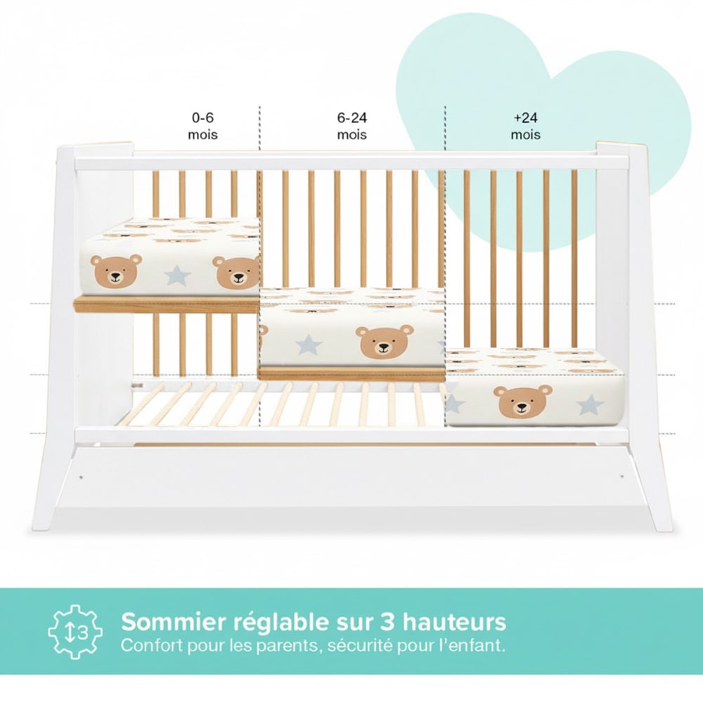 Lit bébé évolutif avec tiroir   (matelas non inclus) 60x120 cm (MINEA) - Image 3