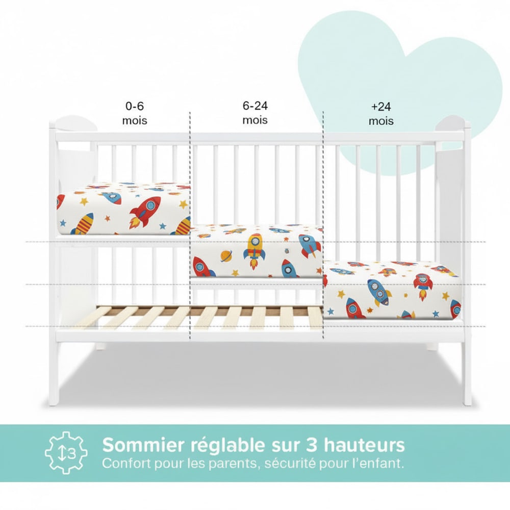 Lit bébé évolutif   (matelas non inclus) 60x120 cm (MINEA) - Image 2