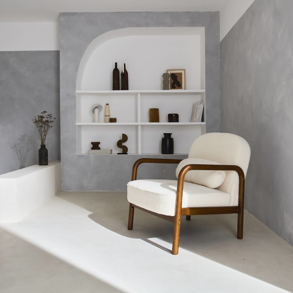 Fauteuil bouclette crème finition noyer clair