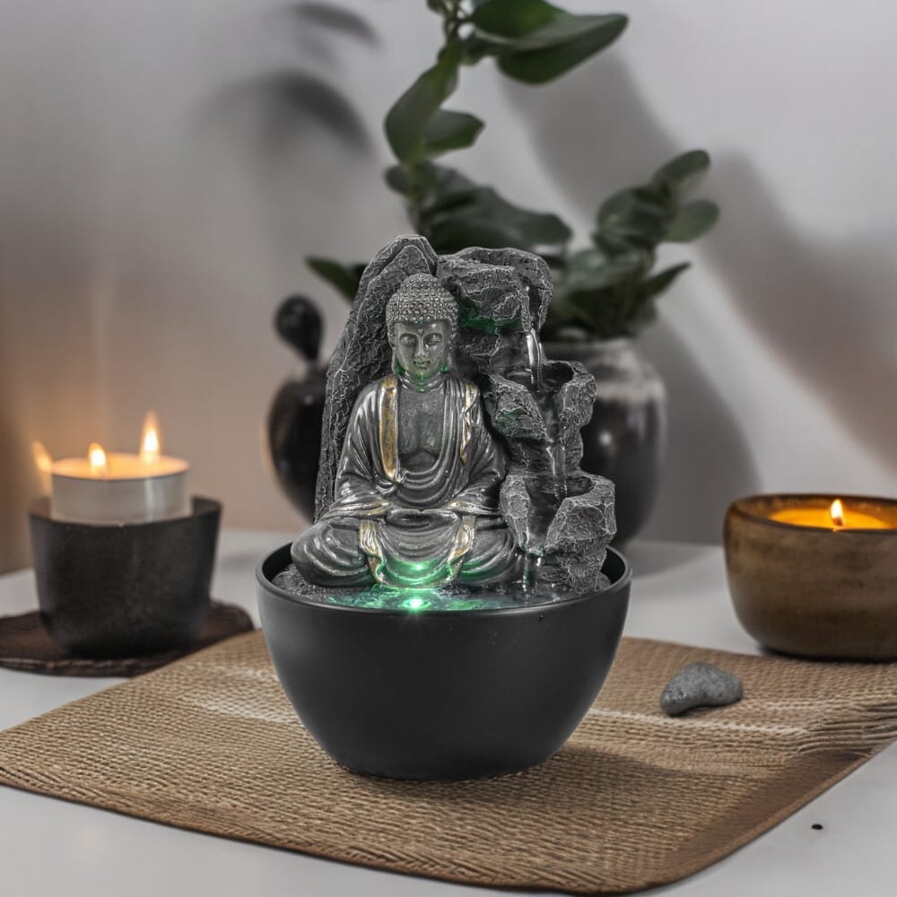 Petite fontaine bouddha zen en résine beige avec éclairage led H18cm — vue 3