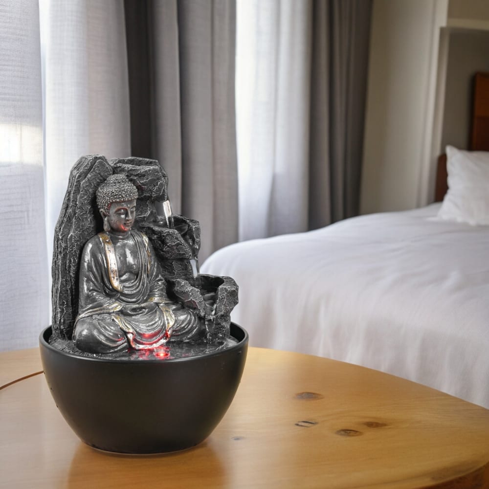 Petite fontaine bouddha zen en résine beige avec éclairage led H18cm — vue 4