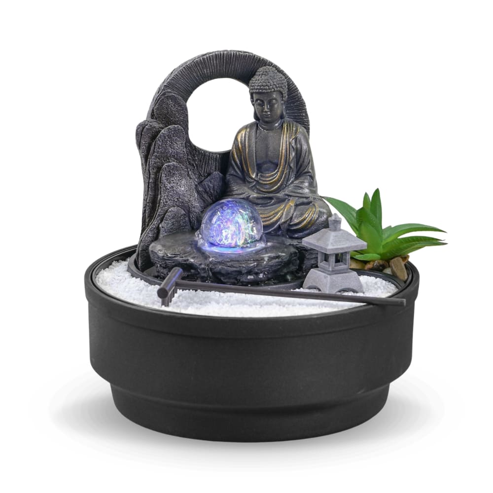 Fontaine d'intérieur jardin zen résine grise avec boule verre - H21cm