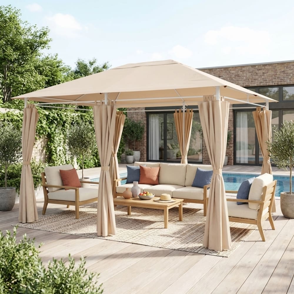 Toile de toit et rideaux beige pour tonnelle 3x4m divio