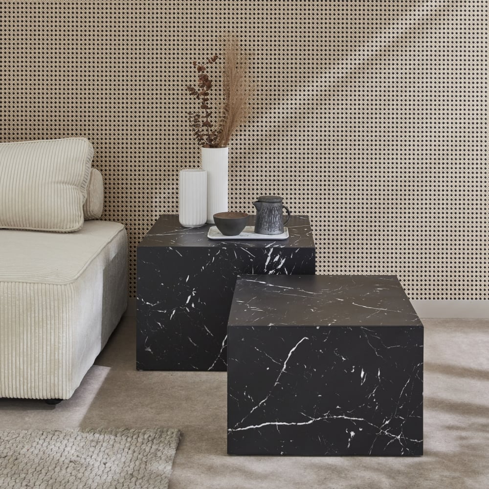 sweeek 2er Set Couchtische mit Marmoreffekt in schwarz style modern Öko-Tex Zertifikat - Spanplatte