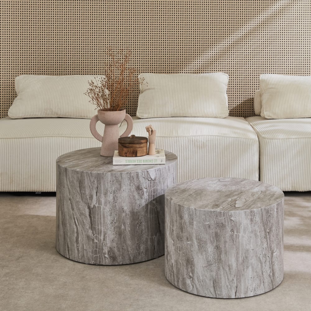 sweeek 2-Set runde Couchtische mit grauer Marmoroptik (Satz von 2) style modern Öko-Tex Zertifikat - Spanplatte