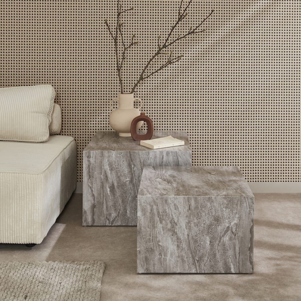 sweeek 2er Set Couchtische mit Marmoreffekt in grau style modern Öko-Tex Zertifikat - Spanplatte