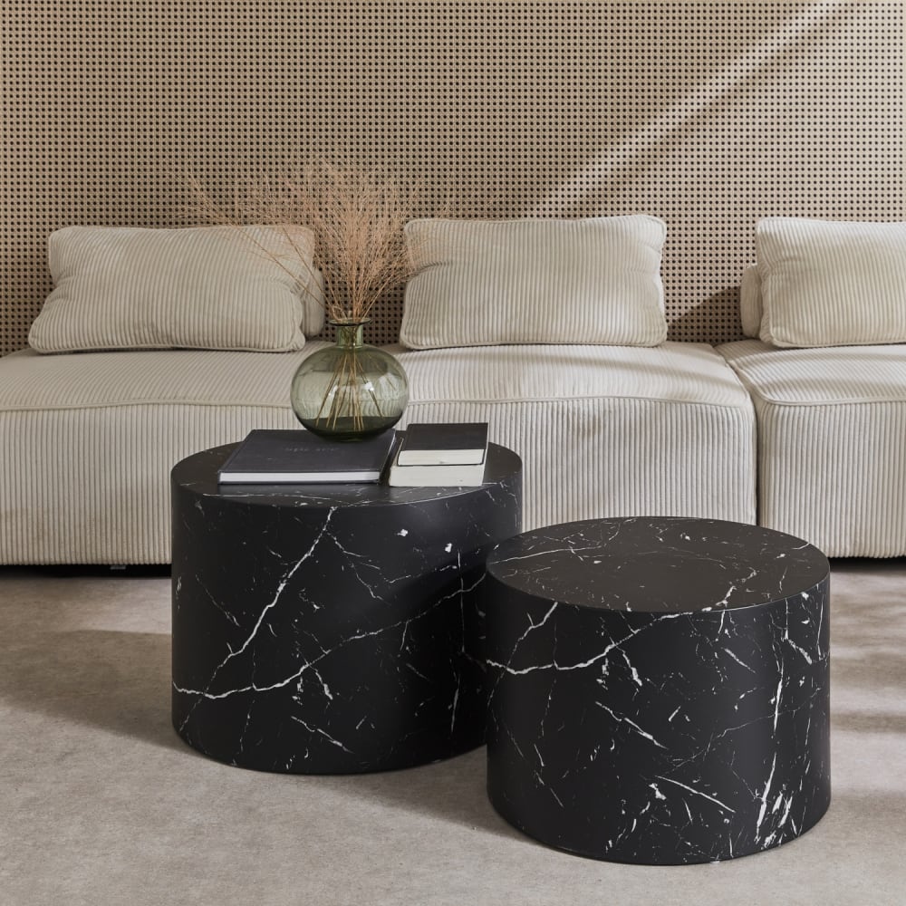 sweeek 2-Set runde Couchtische mit schwarzer Marmoroptik style modern Öko-Tex Zertifikat - Spanplatte