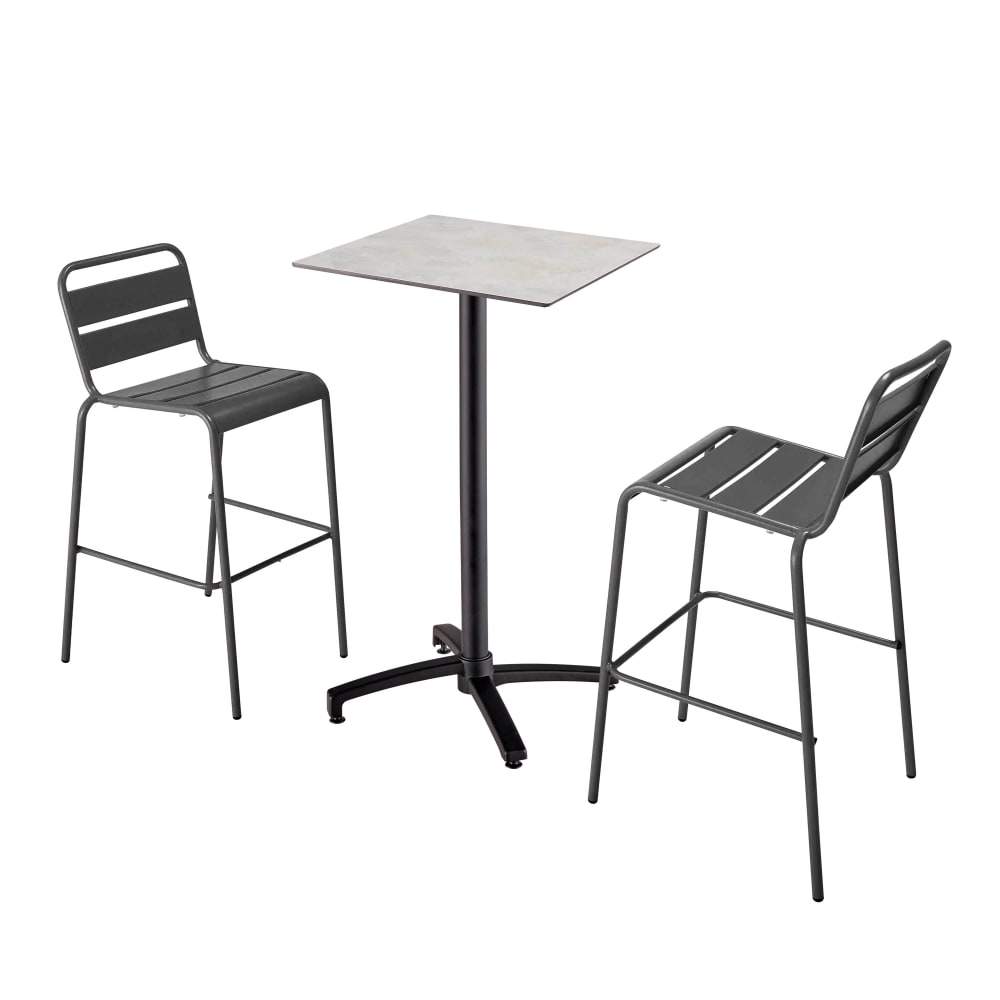 Ensemble table haute stratifié béton gris et 2 chaises hautes gris