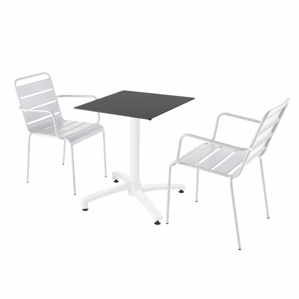 Ensemble table de terrasse noir et 2 fauteuils blanc