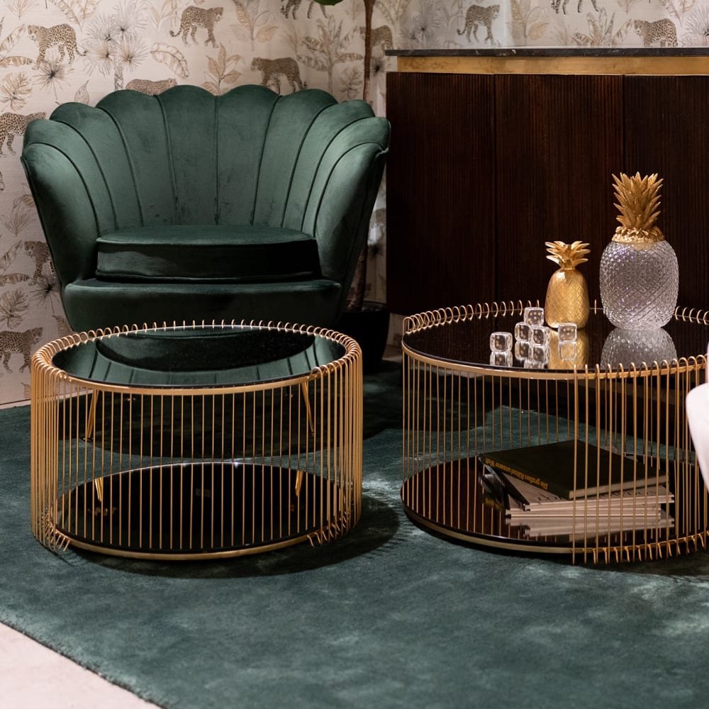 2er Set Couchtische mit Ablage aus verspiegeltem Glas und Stahl,
