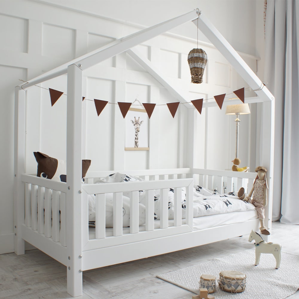 Petits meubles Lit cabane 90x190 barrière et sommier bois blanc Blanc Bois - 199x160x99cm