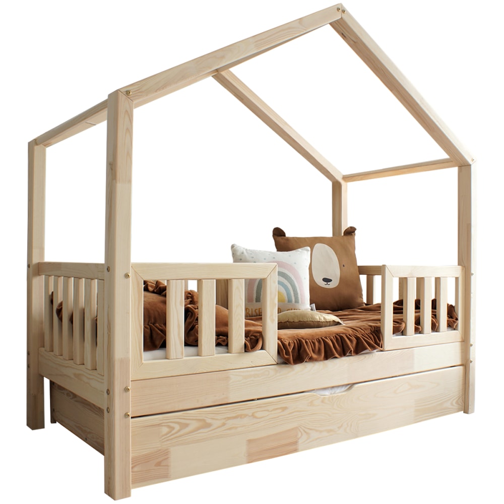 Lit cabane 90x190 barrières sommier bois marron (Petits meubles) - Image 1