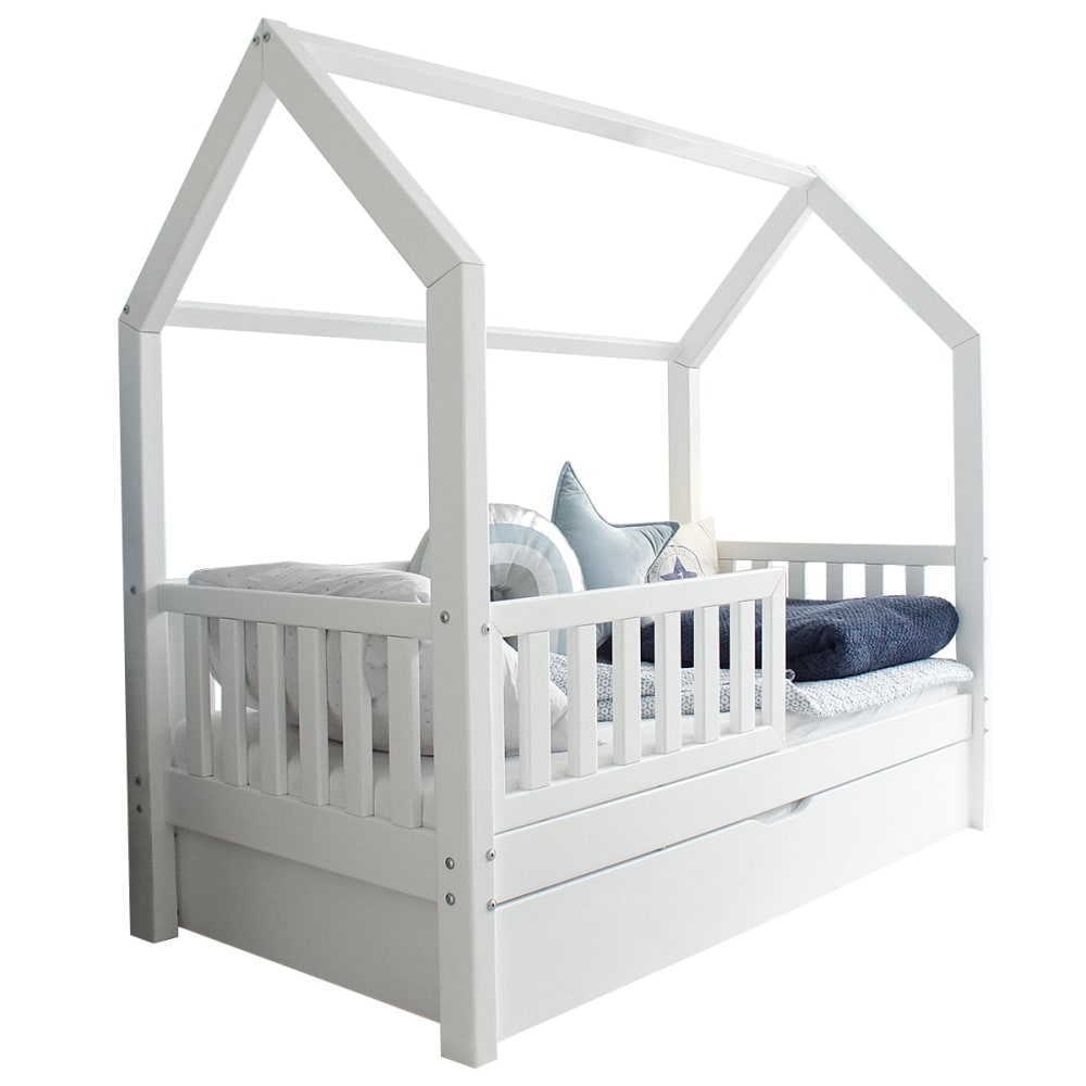 Lit cabane 90x190 barrière sommier bois blanc - Maisons du Monde