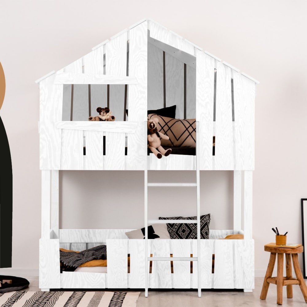 Lit cabane superposé 90x200 sommier bois blanc Lit cabane superposé 90x200 sommier bois blanc
