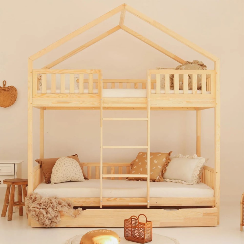 Lit cabane superposé 90x190 barrière bois marron (Petits meubles) - Image 1