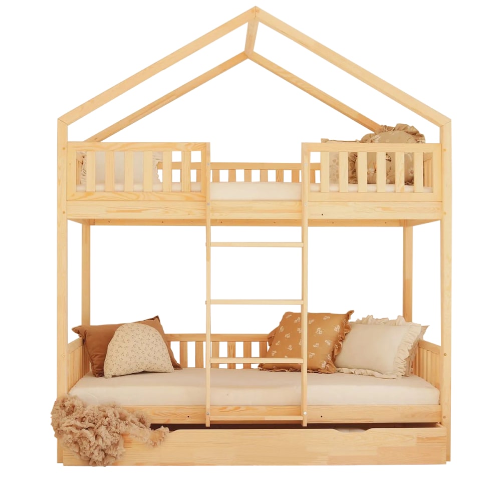 Lit cabane superposé 90x190 barrière bois marron (Petits meubles) - Image 2