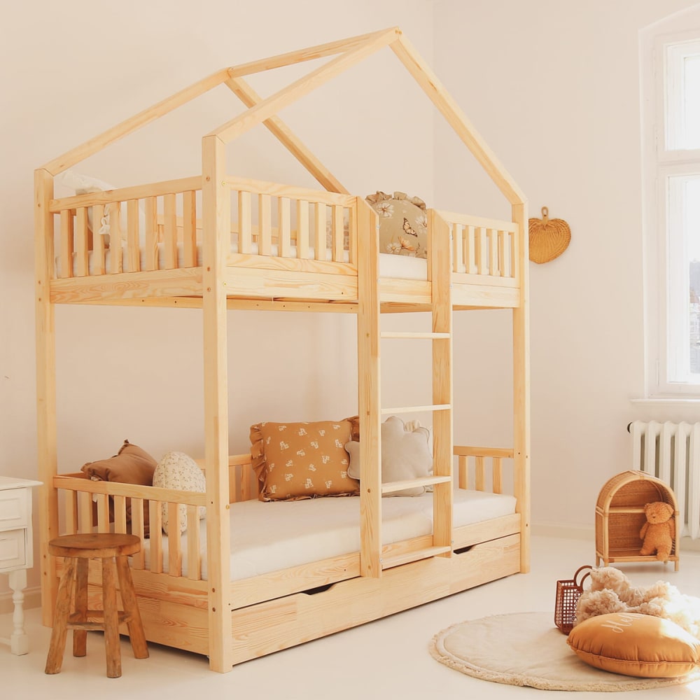 Lit cabane superposé 90x190 barrière bois marron (Petits meubles) - Image 3