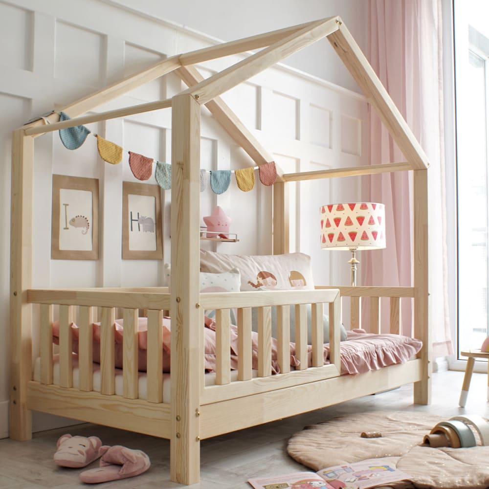 Petits meubles Lit cabane 90x200 barrière et sommier bois marron Marron Bois - 209x160x99cm